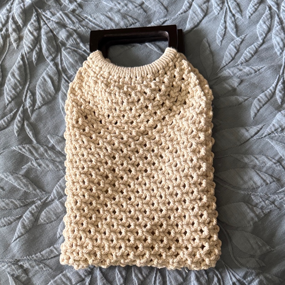 Cream Macrame Handbag with Wooden Handles